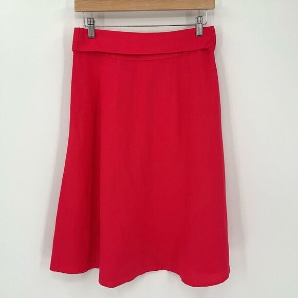 Loft Linen Blend Belted A-Line Midi Skirt Red Women Size 00 Side Zip Closure - Picture 2 of 5